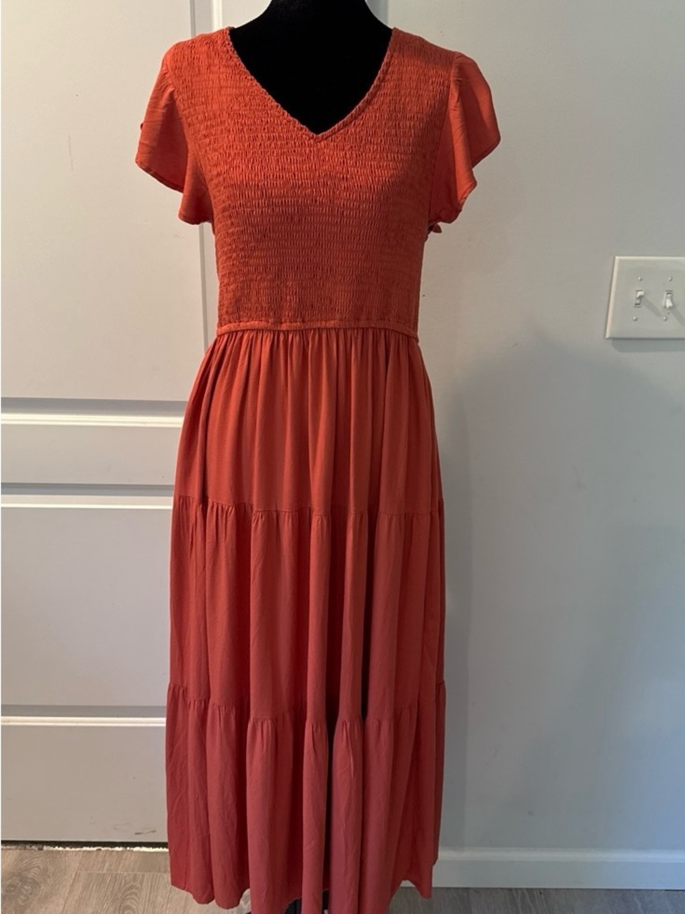 Women’s Rust Orange Tiered Maxi Dress with Smocked Bodice